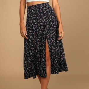 Navy Blue Floral Print Midi Skirt